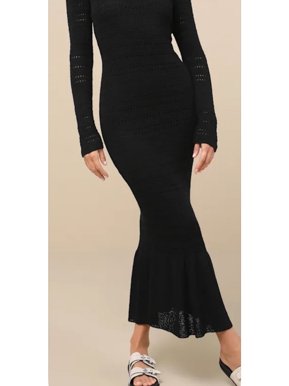 Lulu's Black Long Sleeve Fitted knitted Maxi Dress with Mermaid Hem.